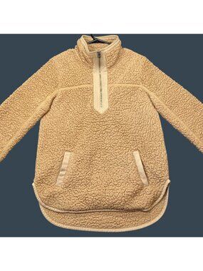 Abercrombie & Fitch Womens Beige Sherpa Pullover Size Small Quarter-Zip Pockets